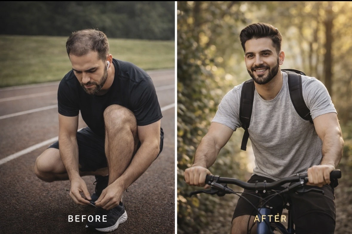 Before and after hair transformation showing remarkable natural results