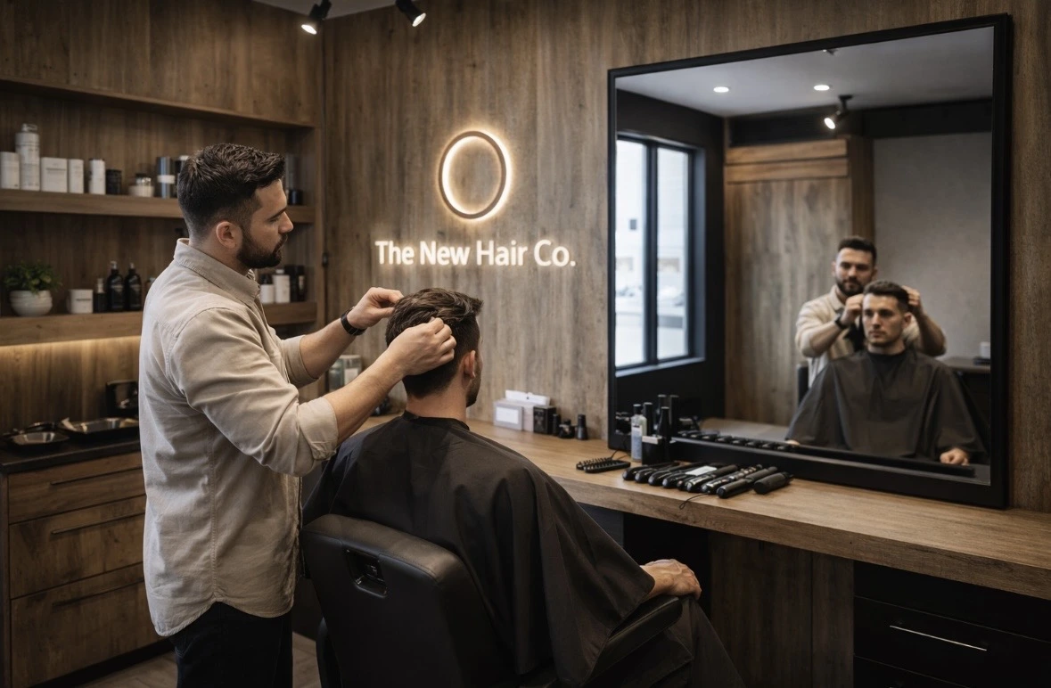 Stylist expertly fitting a hair system at The New Hair Co. station